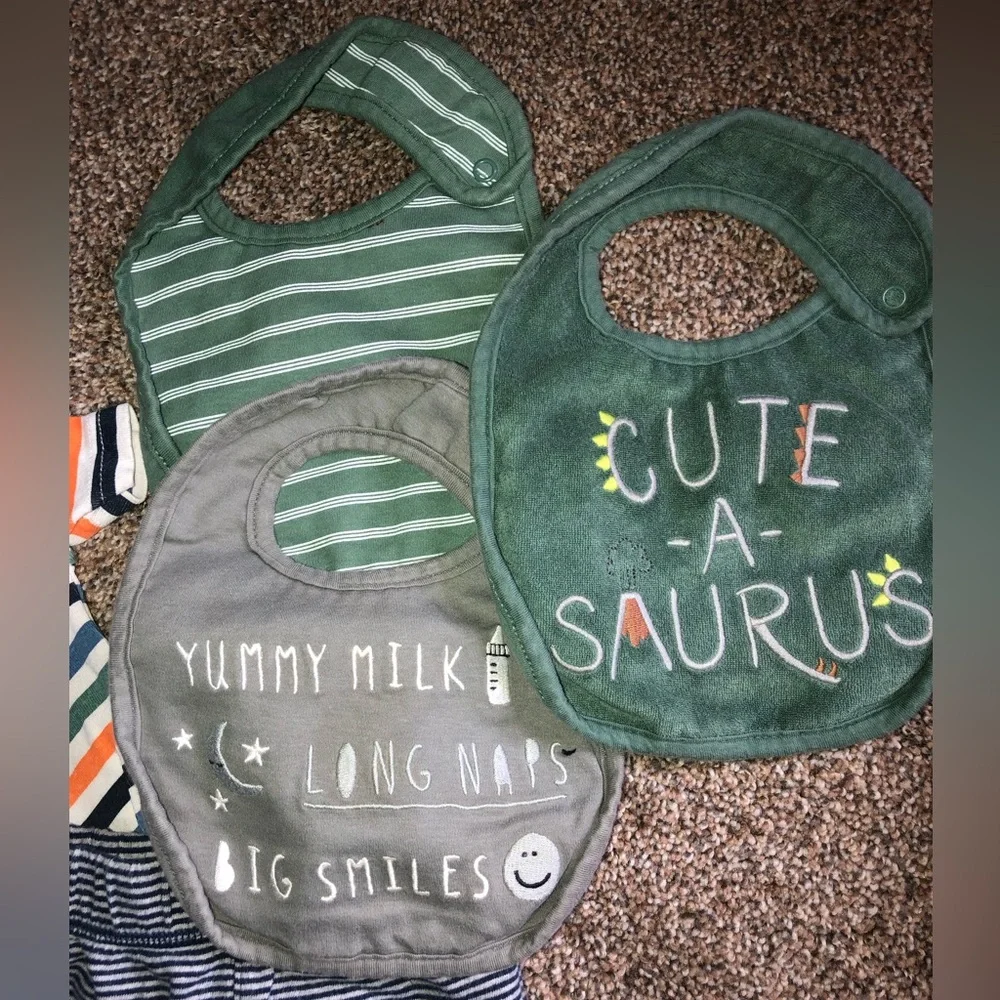Lot of boys clothes Green 'Cute-a-Saurus' & Striped Bib pants shirt sz 9-12 mo